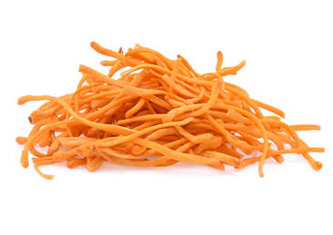 A pile of dried cordyceps mushrooms on a white background.